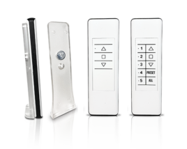 Handheld 1-Channel and 5-Channel Radio Frequency Remotes for Motorized Exterior Shades